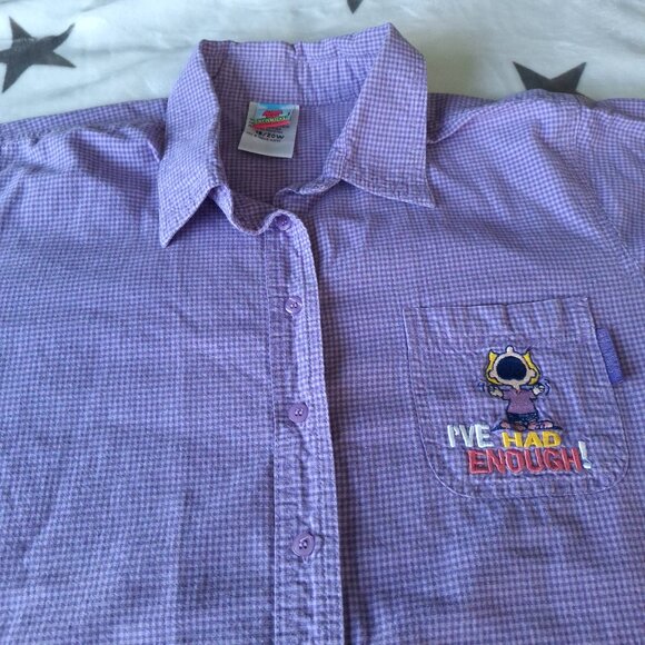 VTG Peanuts Shirt I've Had Enough Womens 18/20W Purple Plaid Short Sleeve Button - Picture 1 of 10
